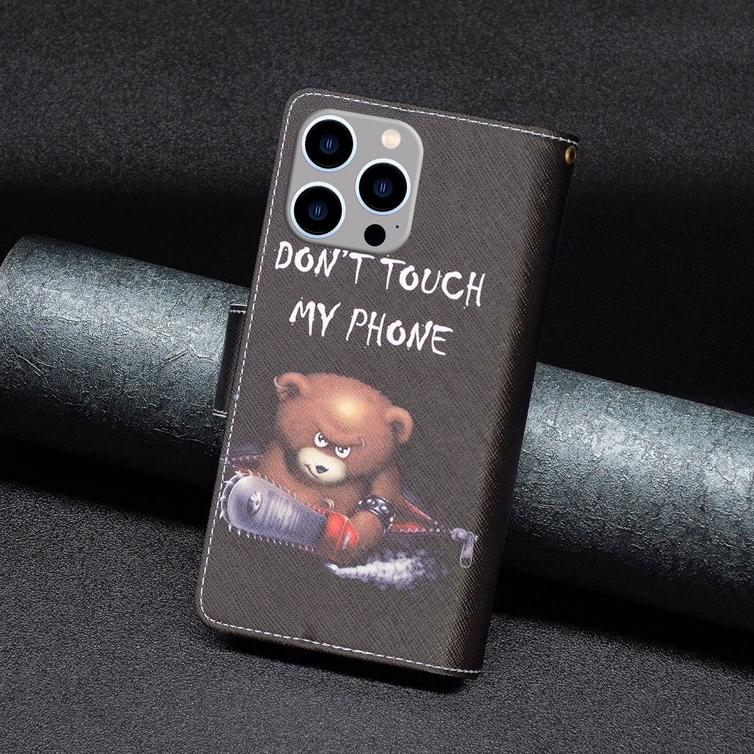 BF03 Zipper Pocket Phone Cover for iPhone 15 Pro Max , Pattern Printing Stand PU Leather Wallet Case - Bear BF03 Zipper Pocket Phone Cover for iPhone 15 Pro Max , Pattern Printing Stand PU Leather Wallet Case - Bear